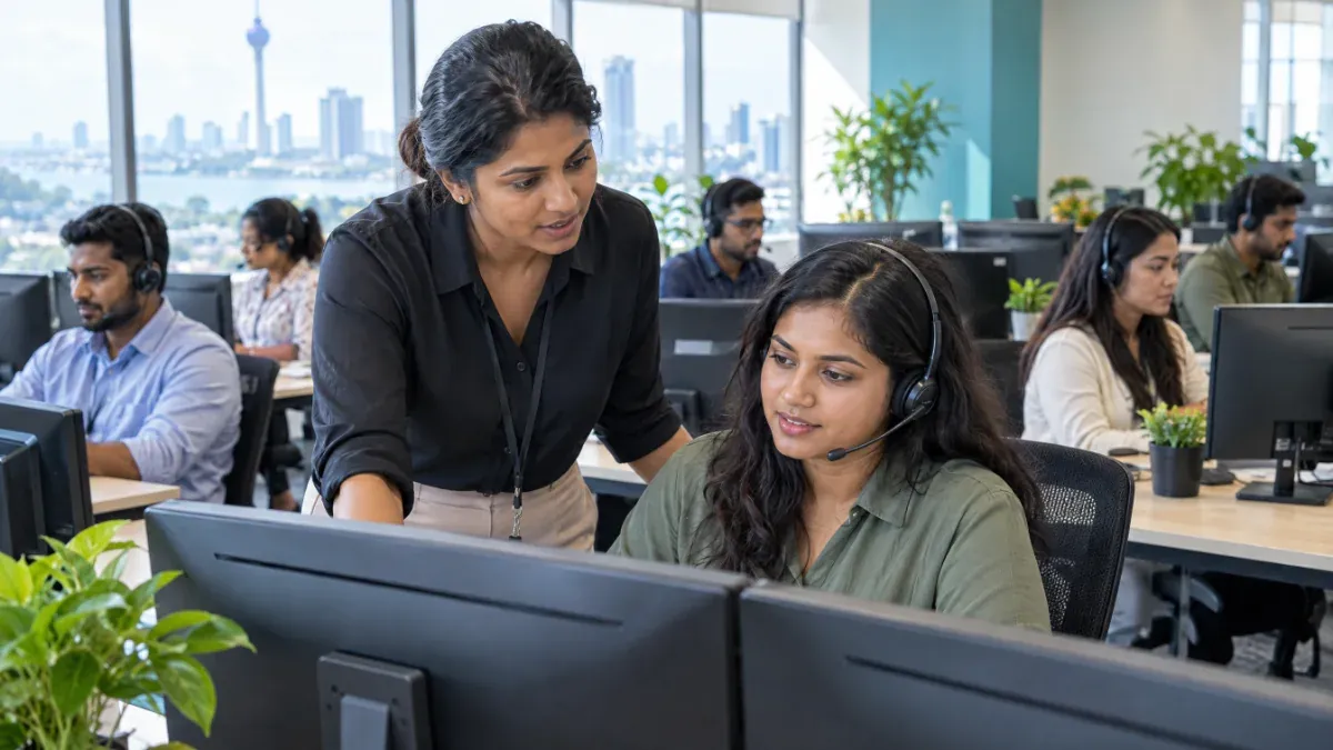 Team lead standing beside a seated assistant wearing a headset, both looking at her monitor in a bright open-plan office with colleagues working at desks behind them