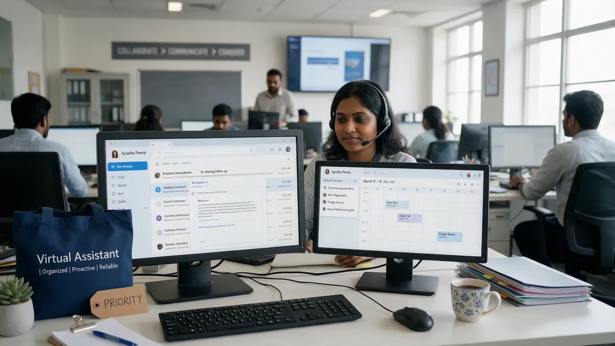Dedicated virtual assistant wearing a headset at a desk in a staffed office, two monitors showing a client inbox and a shared calendar, a team lead in the background