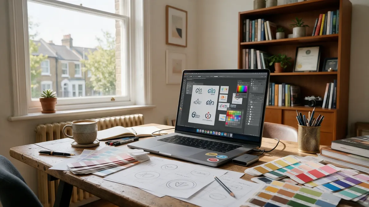 Freelance designer's desk with logo concepts open on a laptop, printed colour swatches and pencil sketches spread across it