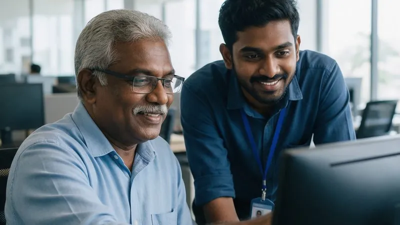 A supervisor standing beside an assistant's desk in a staffed office, both looking at a monitor, with colleagues working at desks behind them