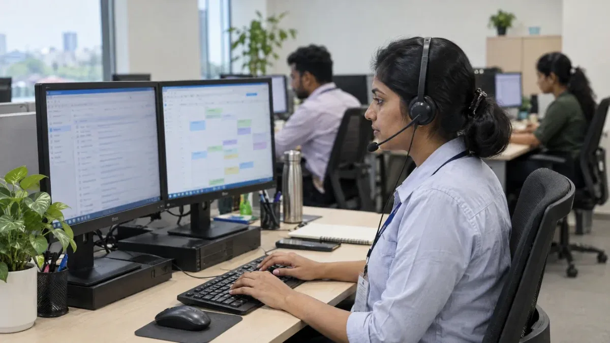 Virtual assistant working at a desk in a staffed office, headset on, two monitors showing an email inbox and a calendar