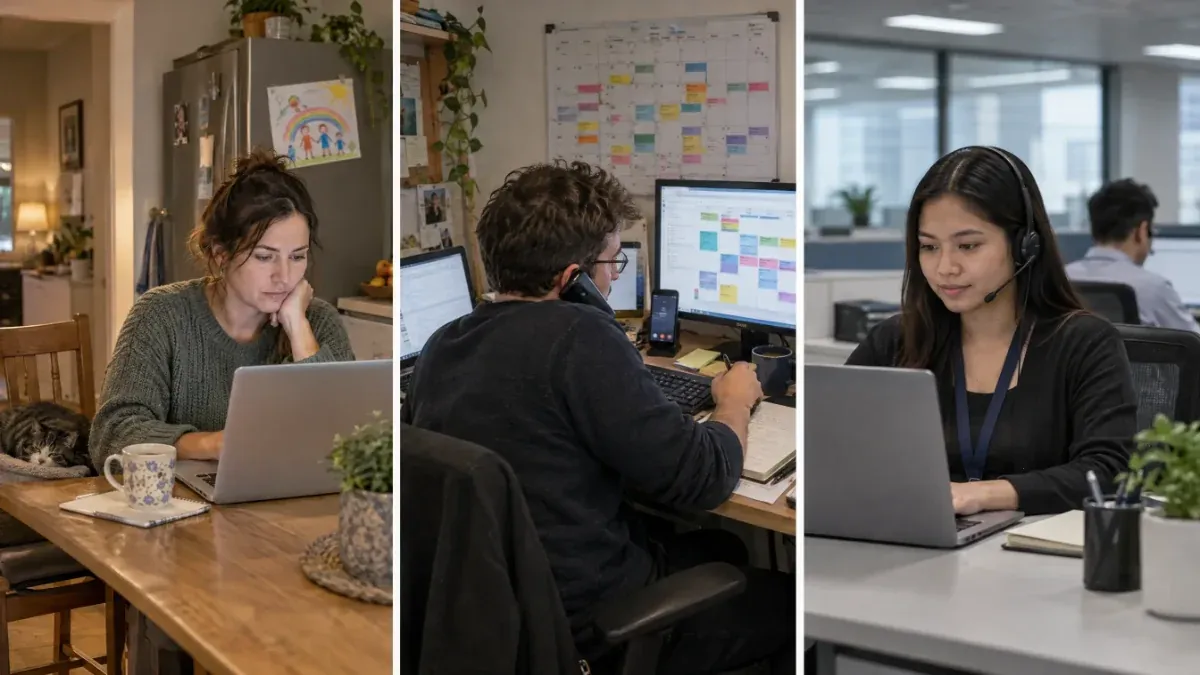 Three ways to hire an assistant side by side: a freelancer at a kitchen table at home, a shared agency assistant at a crowded home desk with a client calendar, and a dedicated assistant at a tidy desk in a supervised office