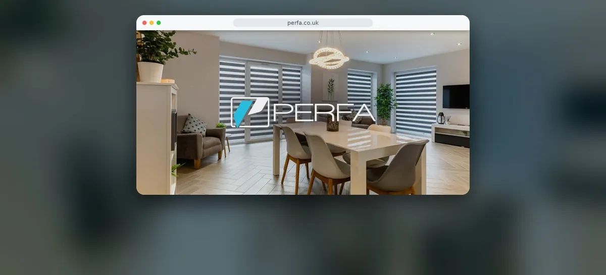 The PERFA website: the PERFA logo over a bright open-plan living room fitted with grey day and night blinds