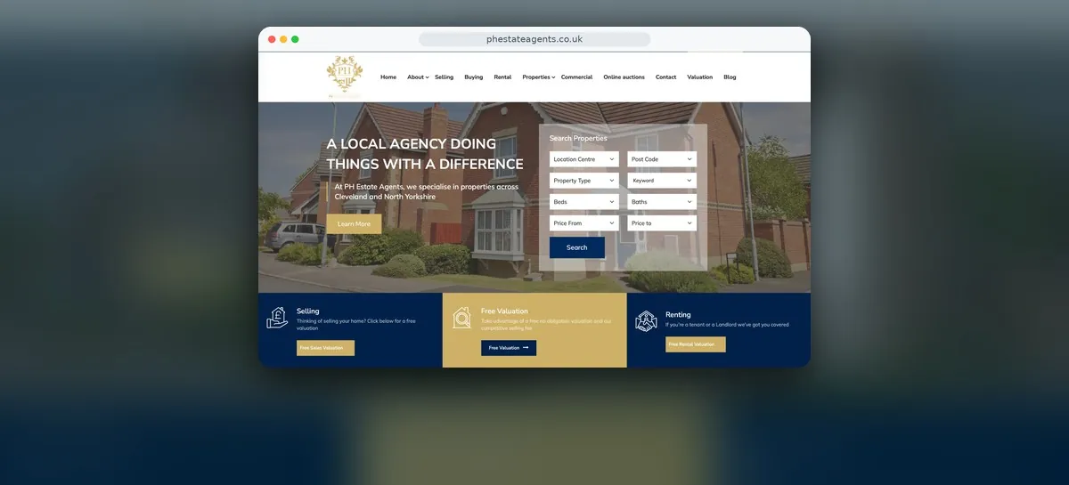 The PH Estate Agents website, with a property search over a photo of red-brick homes