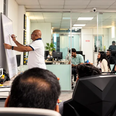 A team lead at the whiteboard briefing the team in the office