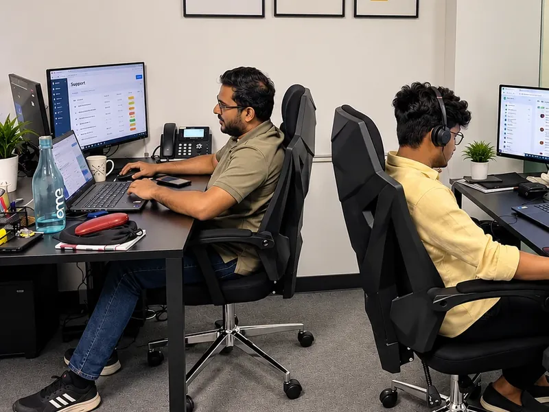 A property support assistant working at his desk, a support queue on the screens in front of him