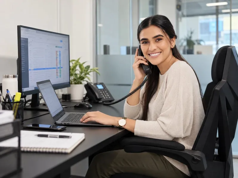 A customer service assistant smiling on a phone call at her desk