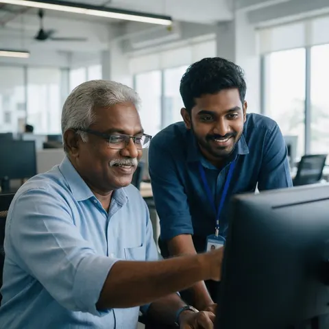 A supervisor reviewing work with an assistant