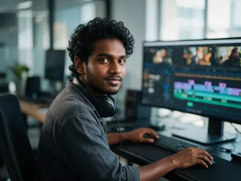 A video editor at a high-spec workstation